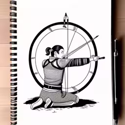 a person sitting down with a bow and arrow,a black and white drawing of a person aiming at an object,woman aiming an arrow in a round frame,a drawing of a woman shooting a bow at a target,a drawing of a girl with a bow and arrow