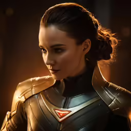 a woman wearing a sci suit with metal accents