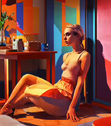 the beautiful blond girl in an orange dress is sitting near a table with some colorful walls,a woman sitting on the floor with a chair in the background