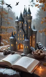 a castle with many lights and a book