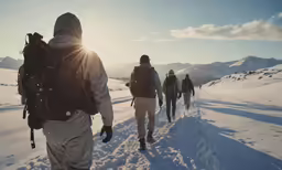 several people with backpacks are hiking in the snow