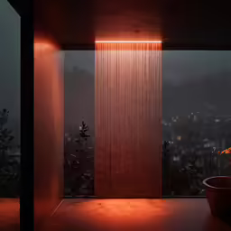 this picture shows a bathroom with a window that is illuminated by a strip of light