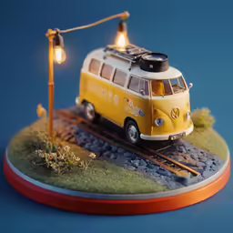 a miniature model van on a track under the lights