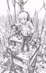 a black and white drawing of a child standing on top of a wooden cart