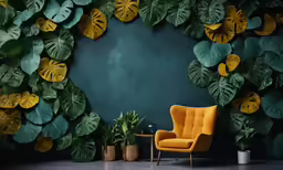 a chair sits next to potted plants in front of a painted background