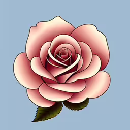 a drawing of a single pink rose on a light blue background,a single pink flower on a blue background,a pink rose with green leaves is against a blue sky,a rose in color on a blue background,a pink rose with green leaves on blue background