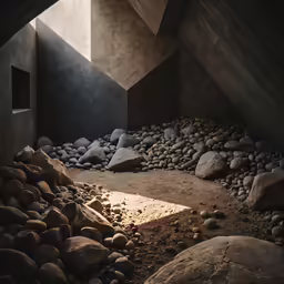 a room with rocks and concrete on the ground