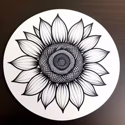 drawing with an ink pen and marker is easy,a drawing of a sunflower on a white and black sticker