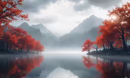 red trees in front of water with mountains