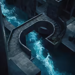 a canal going through a bridge next to a building