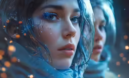 two girls are dressed with shiny clothing in front of bright lights