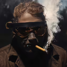 a man with smoke coming out of his nose and wearing a black hat and glasses