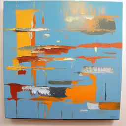 painting with orange and blue color is on the wall,abstract painting with multicolored lines and clouds