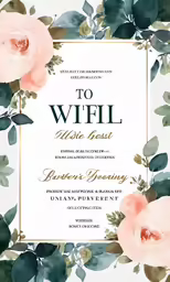 a wedding menu featuring blush roses, eucalyptus and leaves