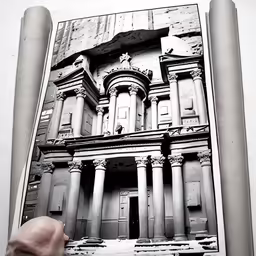 a hand holds up an image of an old building