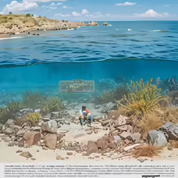 the underwater photos show two people sitting on rocks under water