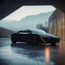 an all black sports car stands near a tall building