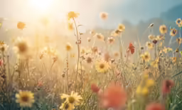 the sun is shining over a meadow with daisies