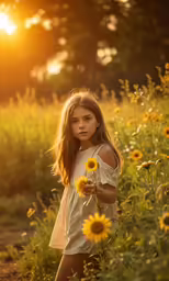 the little girl is walking through the sunflowers