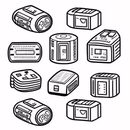 black and white line art drawing of batteries,inked black and white doodles of the various types of electronic devices,pencils in ink drawing of a group of objects,line drawing showing electronic devices in various shapes,the drawing of different electronic devices
