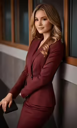 a woman standing against a wall in a red suit
