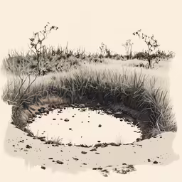 an artistic drawing of water and grass on the ground
