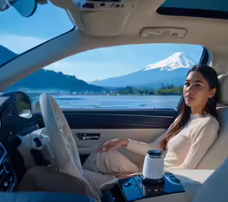 a woman is sitting inside a car with a cup