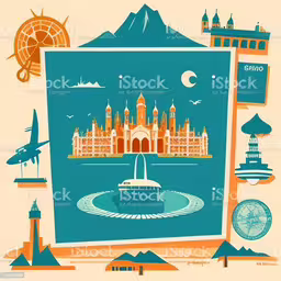 an image of an old castle with various sights and architecture royalty illustration,a vintage poster with travel and attractions in a retro style royalty photo