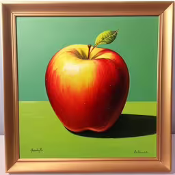a painting of an apple in a gold framed picture,a painting of an apple on a green surface,an image of a red apple on green canvas,a painting of an apple with a green background,an apple painting on canvas with gold frame