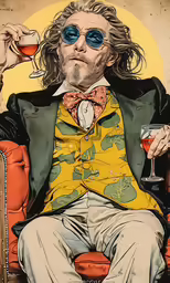 a man sitting in a chair with a drink