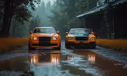 two yellow cars are parked in a forest next to each other