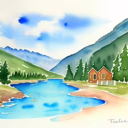 /tmp/FOOuTEV1c.jpg = a painted scene with a river and a house
,/tmp/FOOuTEV1c.jpg = this is a water color painting of a rural scene
,/tmp/FOOuTEV1c.jpg = watercolor painting of a lake with mountains in the background
,/tmp/FOOuTEV1c.jpg = watercolor painting of a mountain lake with a cottage on it
,/tmp/FOOuTEV1c.jpg = a painting of a cabin by the water
,/tmp/FOOuTEV1c.jpg = a picture of a painting of a house near a river
,/tmp/FOOuTEV1c.jpg = a painting of a small cabin on a river
