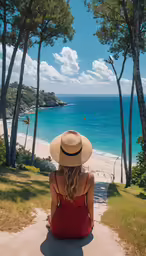 the woman is looking out to the beach while wearing a hat