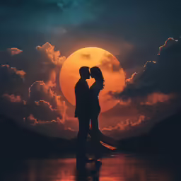 a couple is standing in front of a big red disk