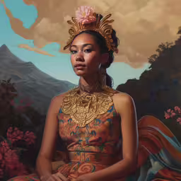 an asian woman is seated in front of a painting,a painting of a woman with a flower in her hair