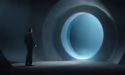 a man is standing in front of a large circle window