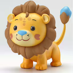 a small toy lion is standing on one leg,a toy animal that is on a white background