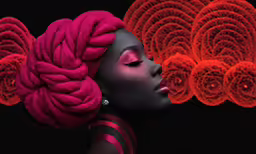 a woman with pink hair and a red dress