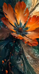 an abstract painting depicting orange and yellow flowers