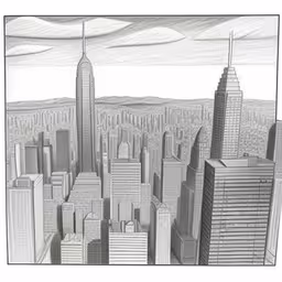 the cityscape is drawn in pencil,pencil drawing of skyscrapers and buildings in the middle