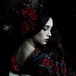 a woman in a black and red dress and flowers in her hair