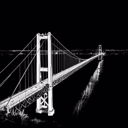 the bridge is seen at night with lights shining down