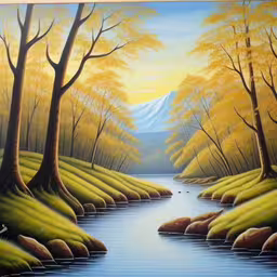 a painting of trees and water near the shore,there is a painting that shows a stream of water surrounded by trees,a painting that shows a river flowing down it with trees around the bend,this is a picture of a painting that looks like a painting,painting with yellow leaves and trees beside a river