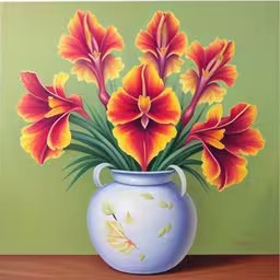 an oil painting of a blue and white vase filled with orange flowers,a painting of a vase filled with yellow and red flowers,a painting of flowers inside a vase with leaves on a wooden table,a painting of flowers on a table by a green wall,a painting of orange flowers in a white vase