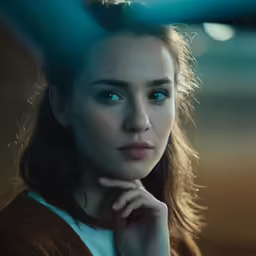 a woman with blue eyes stares at the camera
