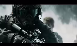 a man in a gas mask aims at something