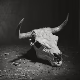 a bull head with horns that are laying on the ground