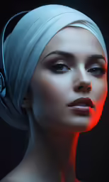 woman in turban with headphones on her ears