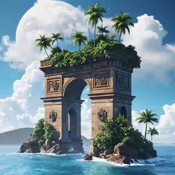 a computer screen with an island in the middle and palm trees above