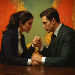 the man and woman in the business suit are praying together
